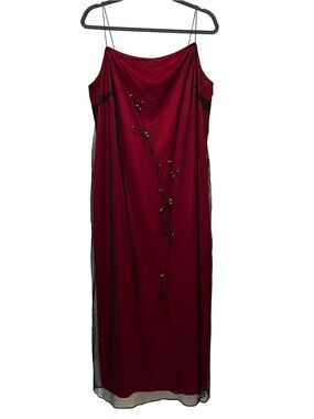 Burgundy Black Mesh Embroidered Maxi Dress 90s Goth Evening Slip Witchy Romantic